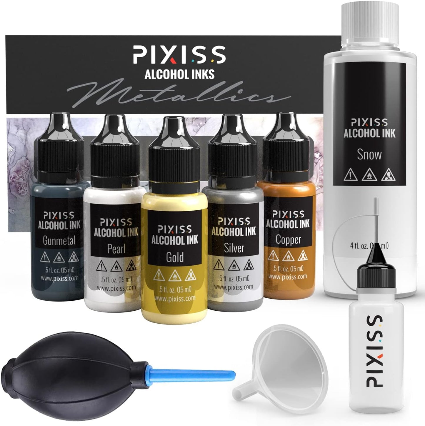 PIXISS Metallic Alcohol Inks, 4oz. Alcohol Ink Snow (White), Applicator Bottle & Funnel