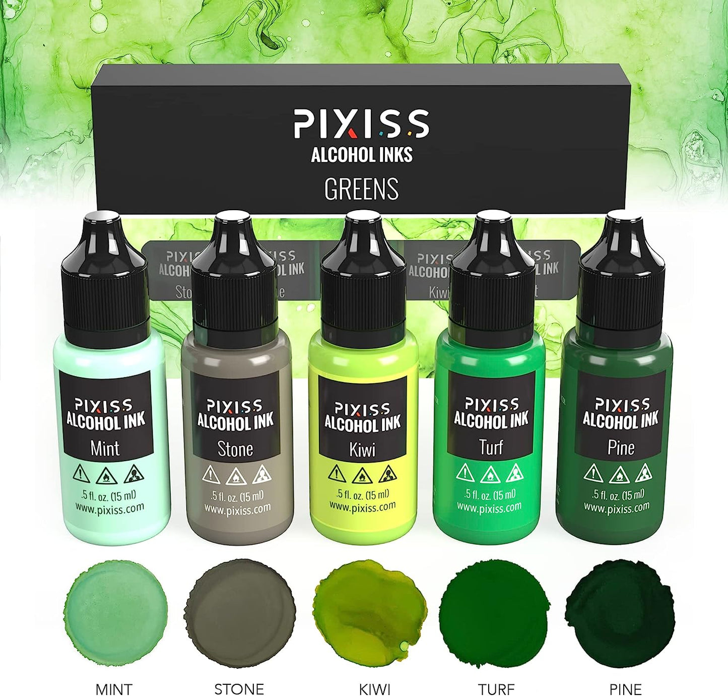 PIXISS Alcohol Ink Set of 5 - Brilliant Green Hues