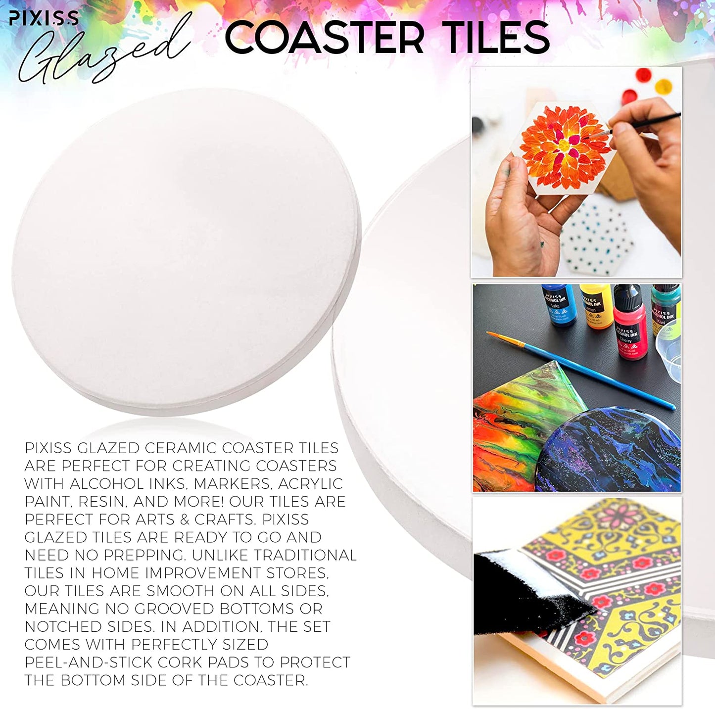 PIXISS Glazed Round Ceramic Coaster/Tiles with Cork Backing - 100PC
