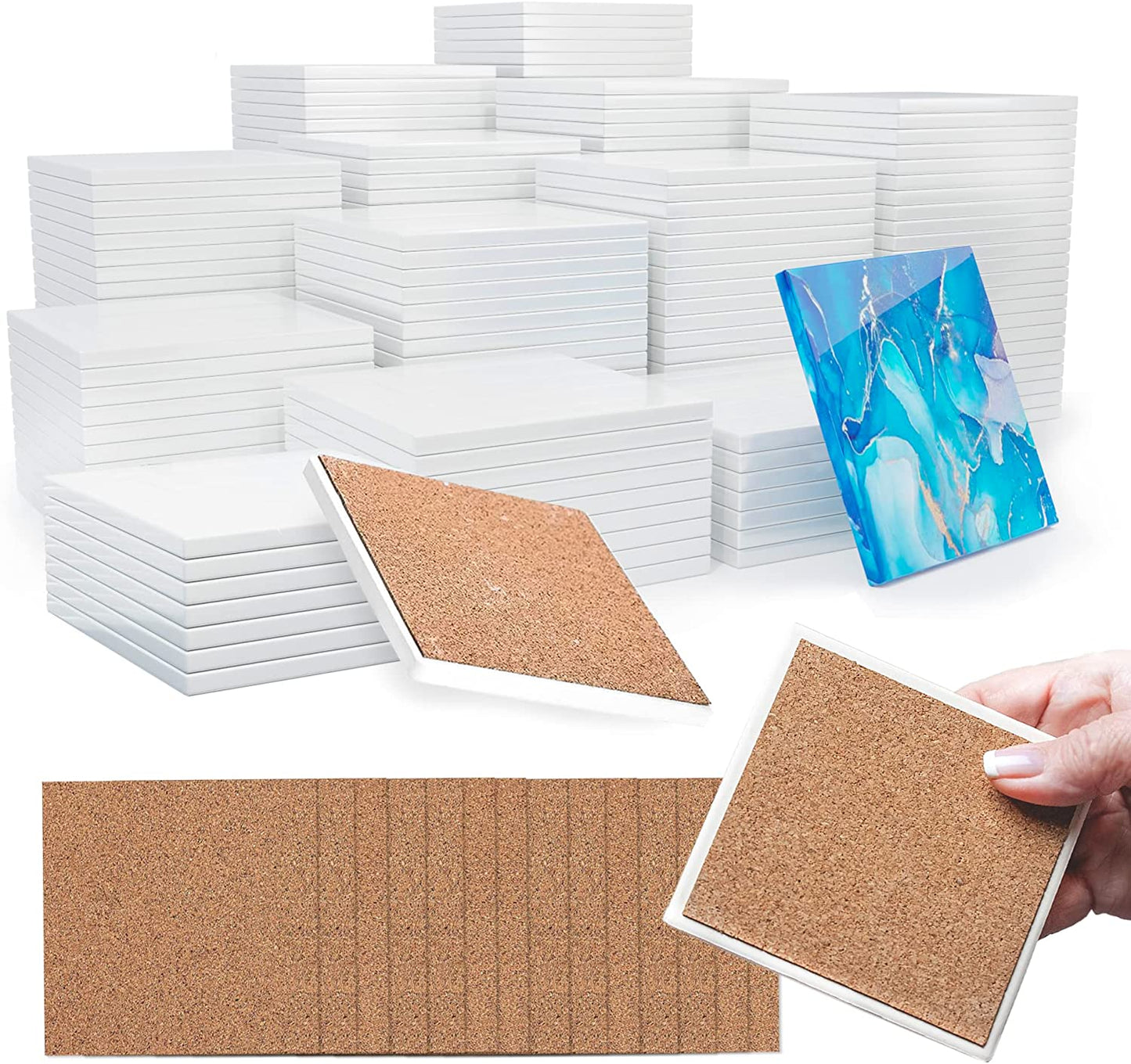 PIXISS Glazed Square Ceramic Coaster/Tiles with Cork Backing - 100PC