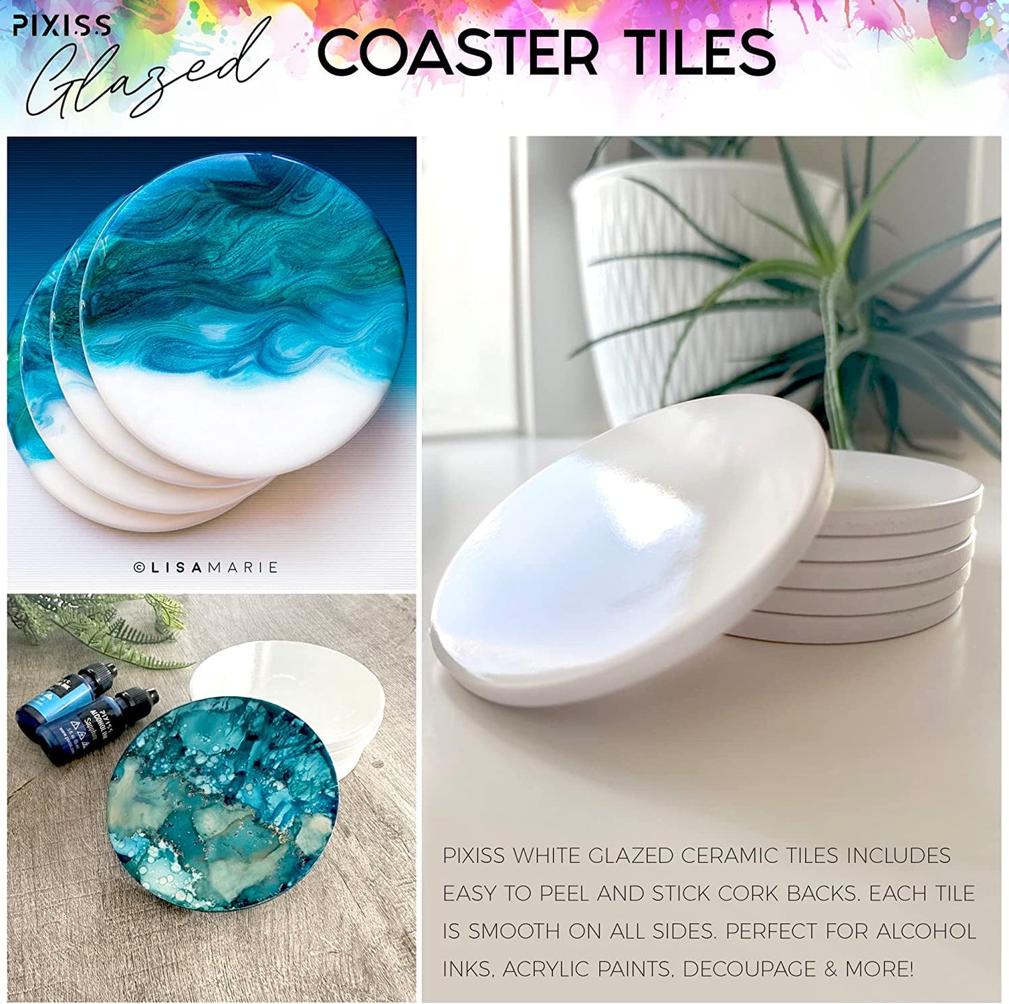 PIXISS Glazed Round Ceramic Coaster/Tiles with Cork Backing - 100PC