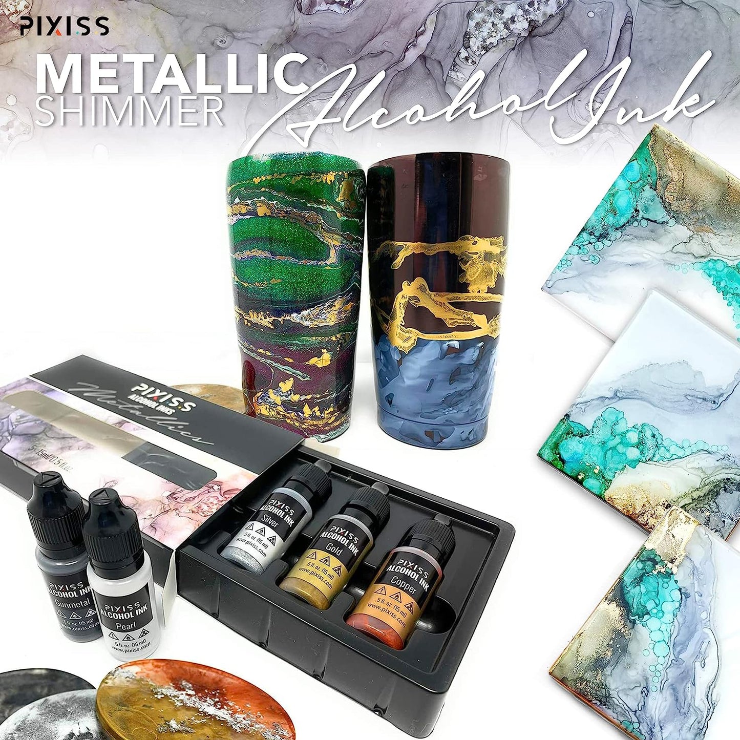PIXISS Metallic Alcohol Inks Set of 5 - Shimmering Colors