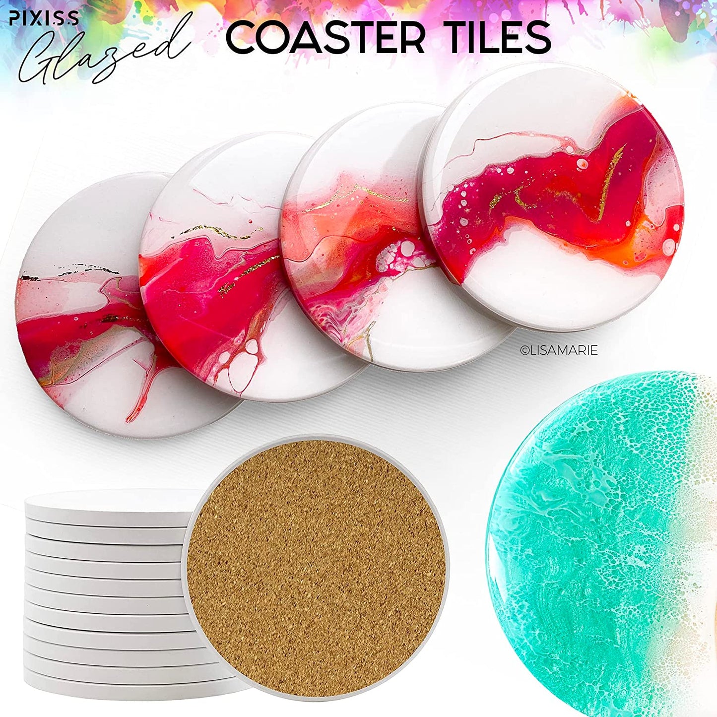 PIXISS Glazed Round Ceramic Coaster/Tiles with Cork Backing - 100PC