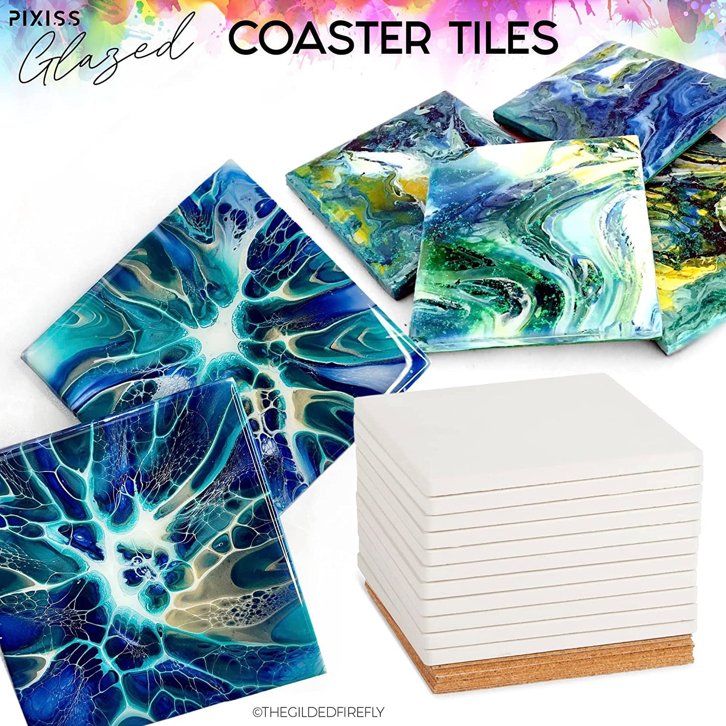 PIXISS Glazed Square Ceramic Coaster/Tiles with Cork Backing - 50PC