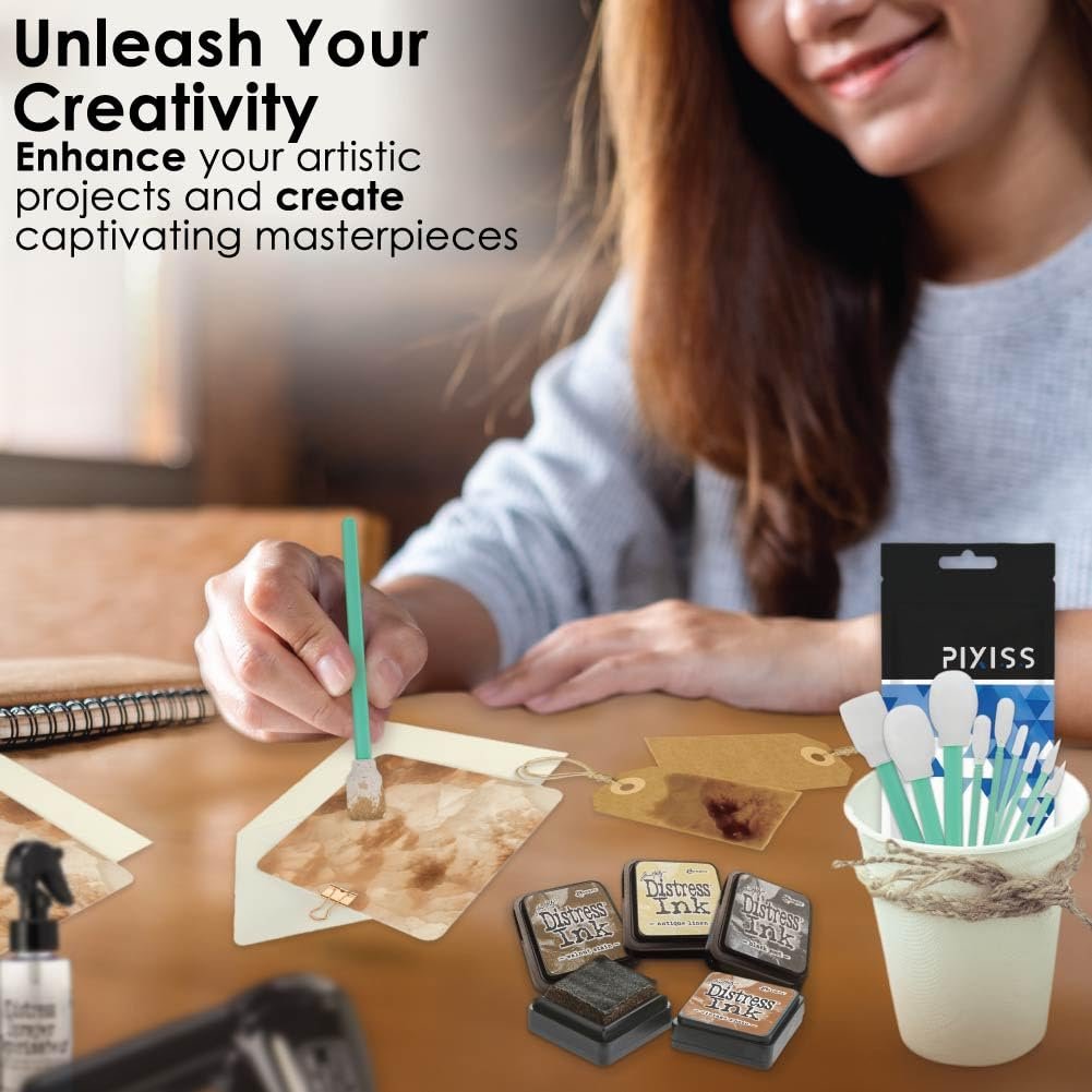 Tim Holtz Distress Oxide Ink Pads and Pixiss Foam Blending Brush Tools - 1"x1" Stamp Pads Antique Linen, Vintage Photo, Walnut Stain, Black Soot for Card Making Tools and Scrapbooking Supplies