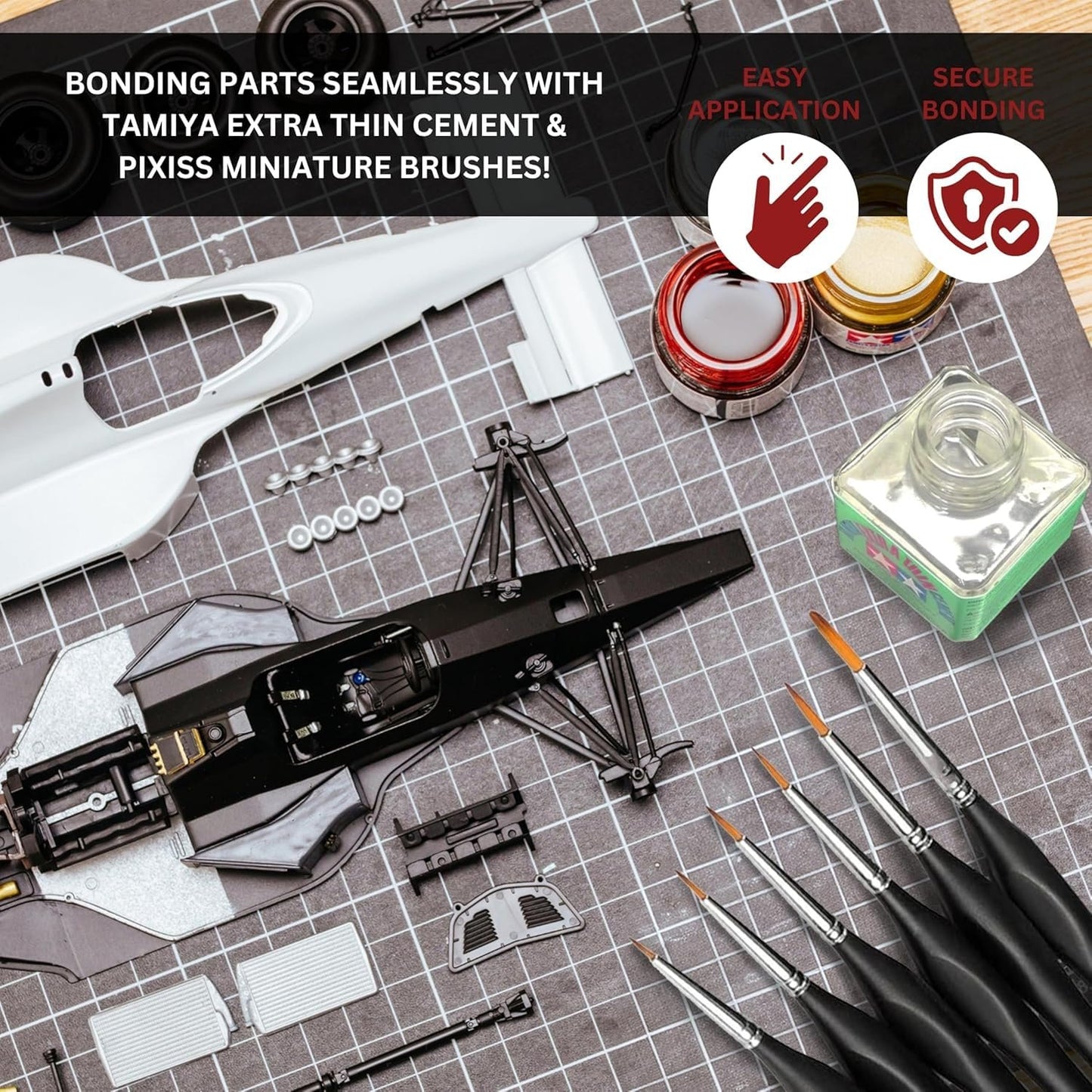 Tamiya Extra Thin Cement for Plastic Models with Pixiss Blending Swabs, 3 Needle Tip Squeeze Bottles, and Funnel - Model Glue for Miniatures, Model Cars