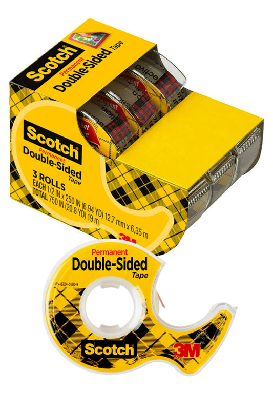 Scotch Double Sided Tape, Permanent, 1/2 in x 250 in, 3 Dispensers/Pack (3136)
