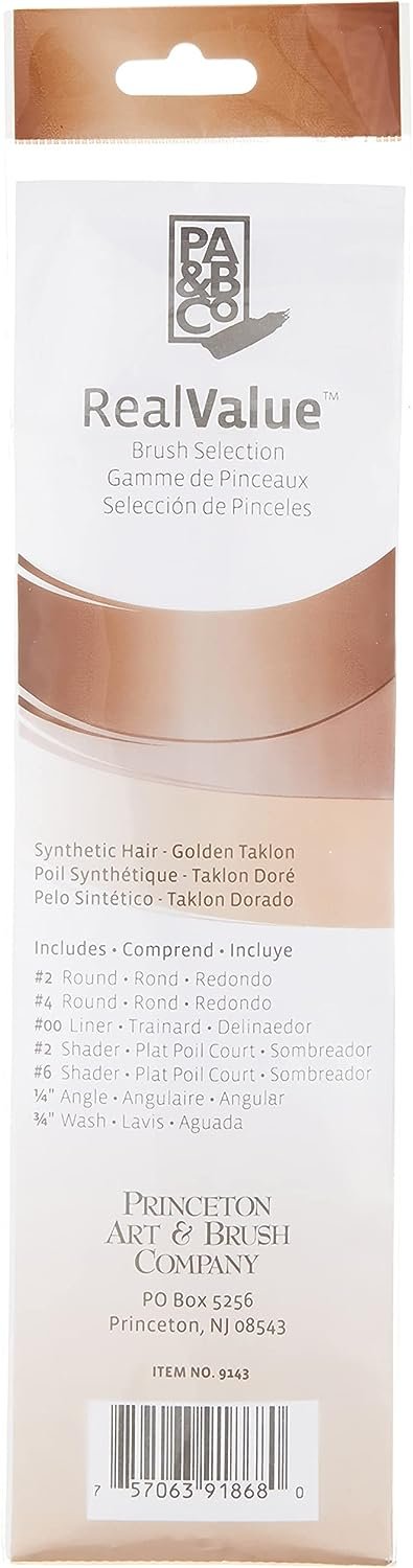 Princeton Art & Brush P9143 Real Value Brush Set, Synthetic Gold Taklon, Round 2 and 4, Liner 2/0, Shader 2 and 6