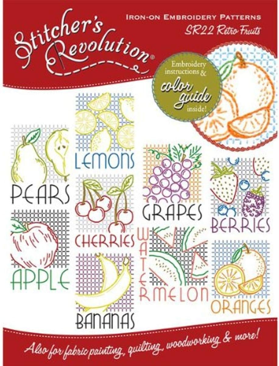Stitcher's Revolution Iron-On Transfer Pattern for Embroidery, Retro Fruit