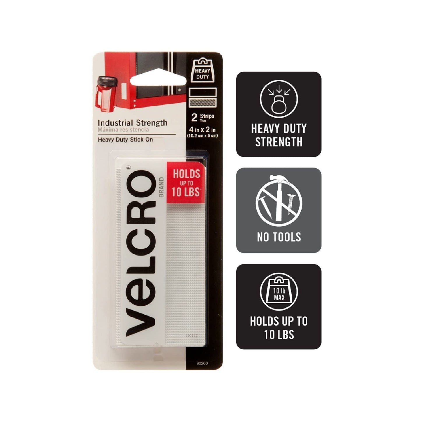 VELCRO Brand Industrial Fasteners Stick-On Adhesive | Professional Grade Heavy Duty Strength Holds up to 10 lbs on Smooth Surfaces | Indoor Outdoor Use, 4in x 2in (2pk), Strips, 2 Sets, 90200
