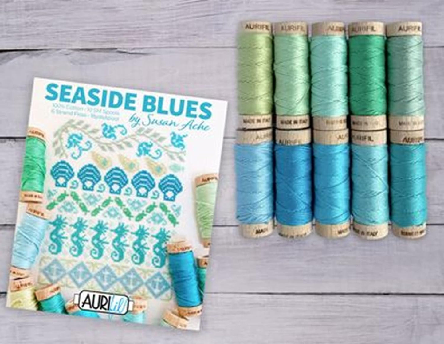 Aurifil Susan Ache Seaside Blues Thread Set 10 sm spools 6 Strand Floss, Assorted Colors