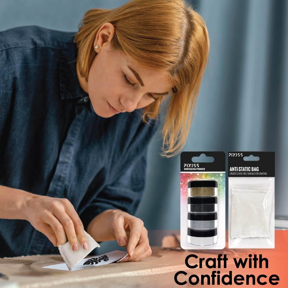 Pixiss Embossing Kit with Anti Static Bag - .15 oz Black, White, Silver, and Gold Embossing Powder Set - for Embossing, Glittering, Card Making, Scrapbooking, and Mixed Media Art