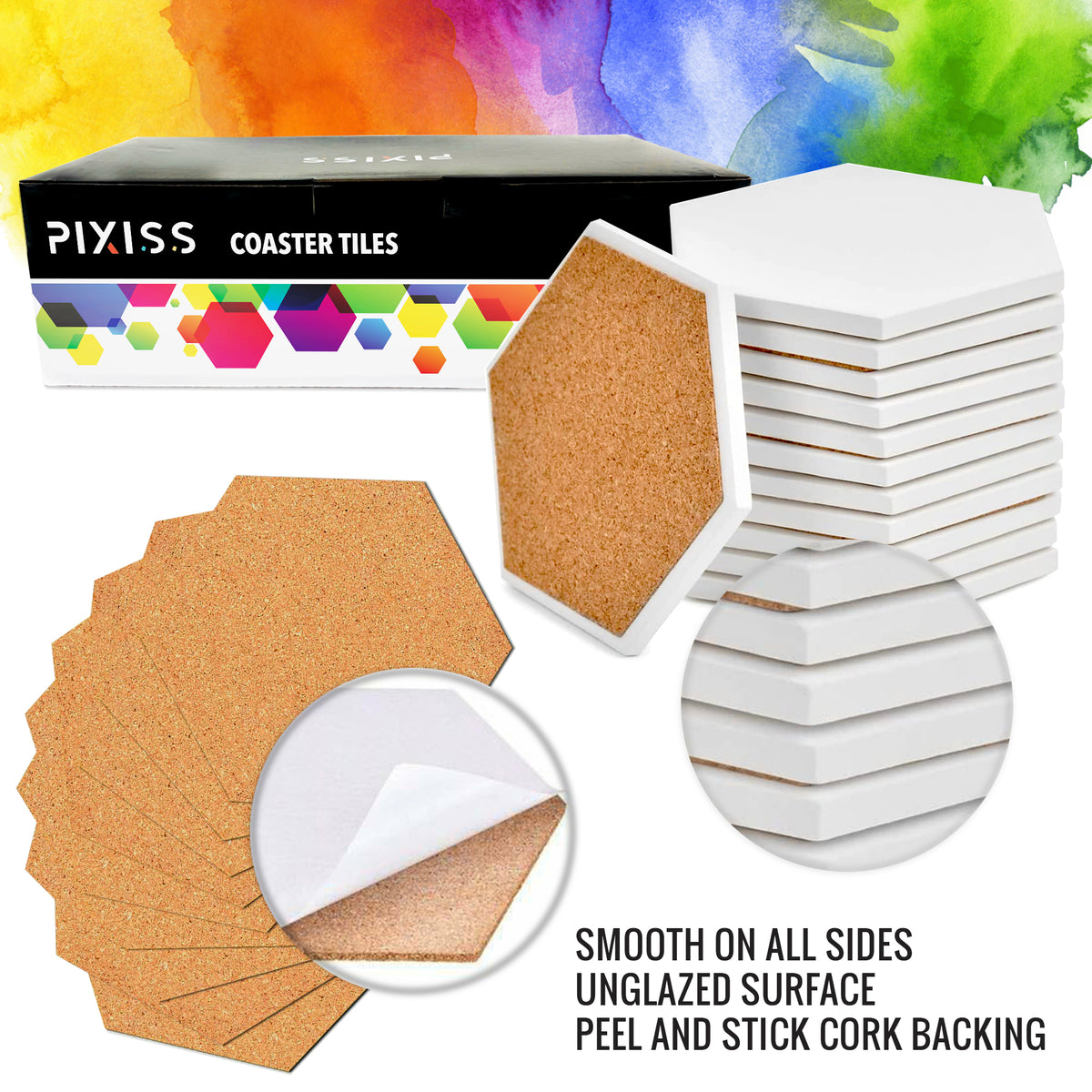 PIXISS Hexagon Ceramic Coasters with Cork Backing - 50 – Pixiss