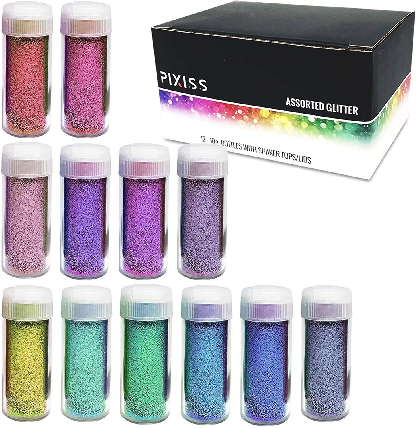 PIXISS Assorted Glitter Set 12 Pack - 10g. Shaker Bottles