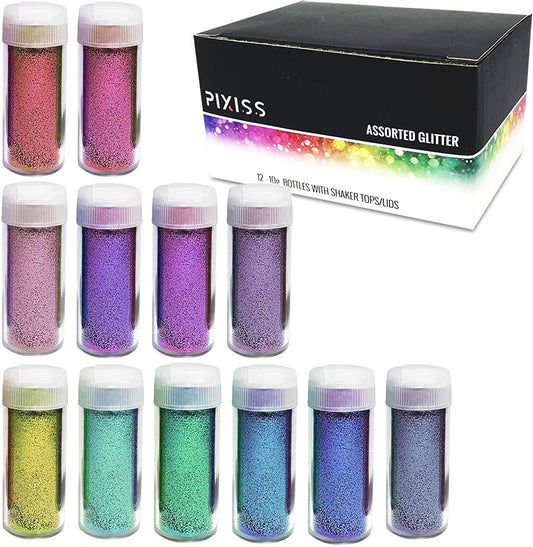 PIXISS Assorted Glitter Set 12 Pack - 10g. Shaker Bottles
