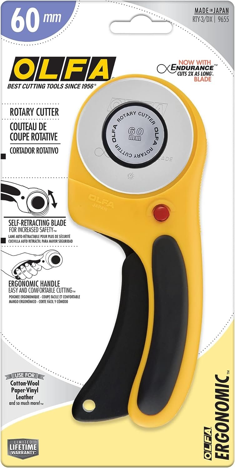 OLFA 60mm Ergonomic Rotary Cutter (RTY-3/DX) - Rotary Fabric Cutter w/Blade Cover & Squeeze Trigger for Quilting, Sewing, Crafts, Replacement Blade: OLFA RB60-1