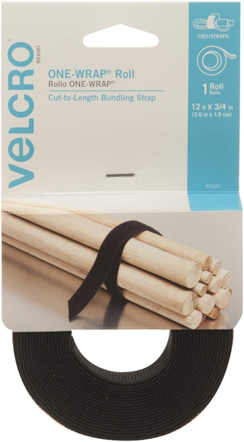 VELCRO Brand - ONE-WRAP Roll, Double-Sided, Self Gripping Multi-Purpose Hook and Loop Tape, Reusable, 12' x 3/4" Roll - Black