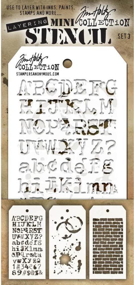 Tim Holtz - Nine Mini Layering Stencils - Industrial, Gears, Plus, Clockwork, Numbered, Crackle, Typo, Splatters and Bricked - aka sets 1, 2 & 3