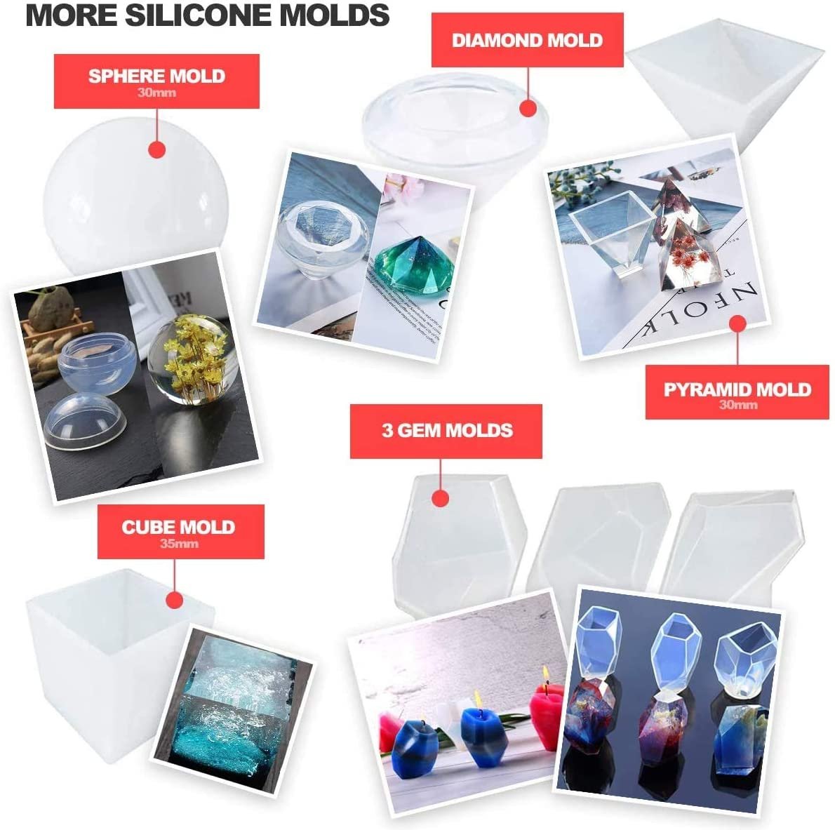Pixiss Gem Stone Resin Molds 7Pcs Silicone Quartz Crystal Molds for Resin,Multi-Facet Gemstone Resin Molds,Epoxy UV Resin Molds for Resin Jewelry,Resin Art Craft