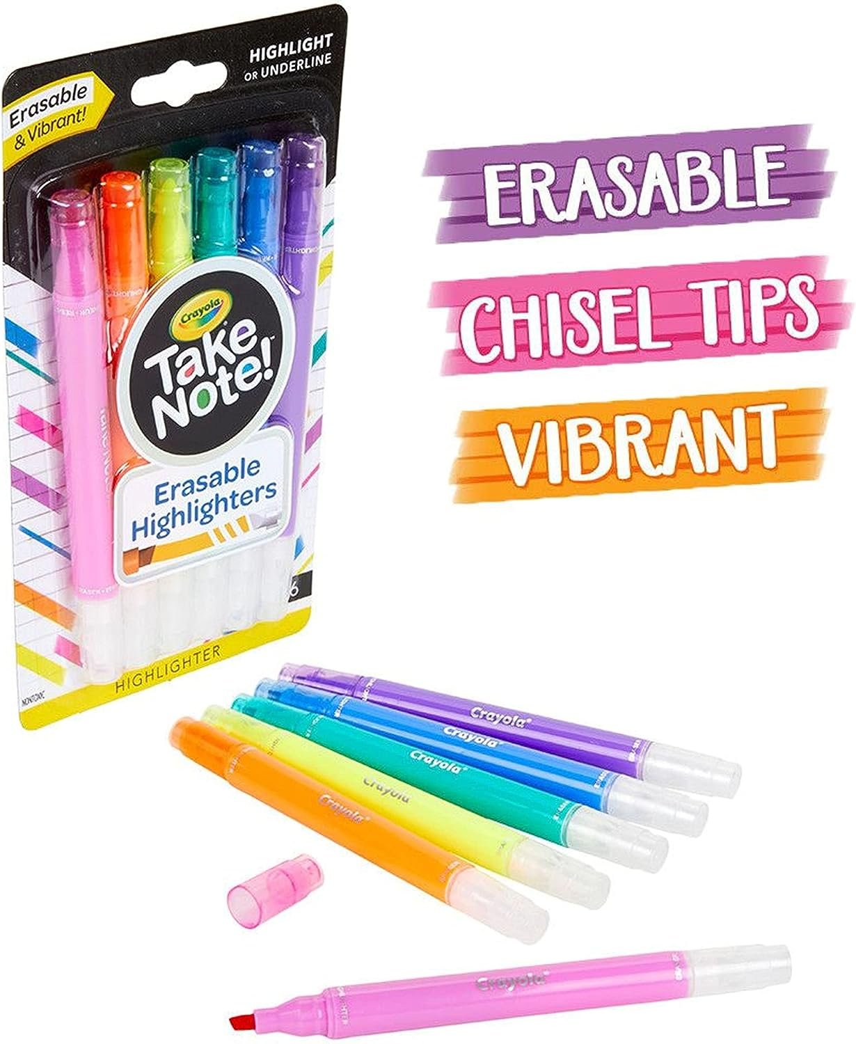 Crayola Take Note Erasable Highlighters, Cool School Supplies, Chisel Tip Markers, 6 Count