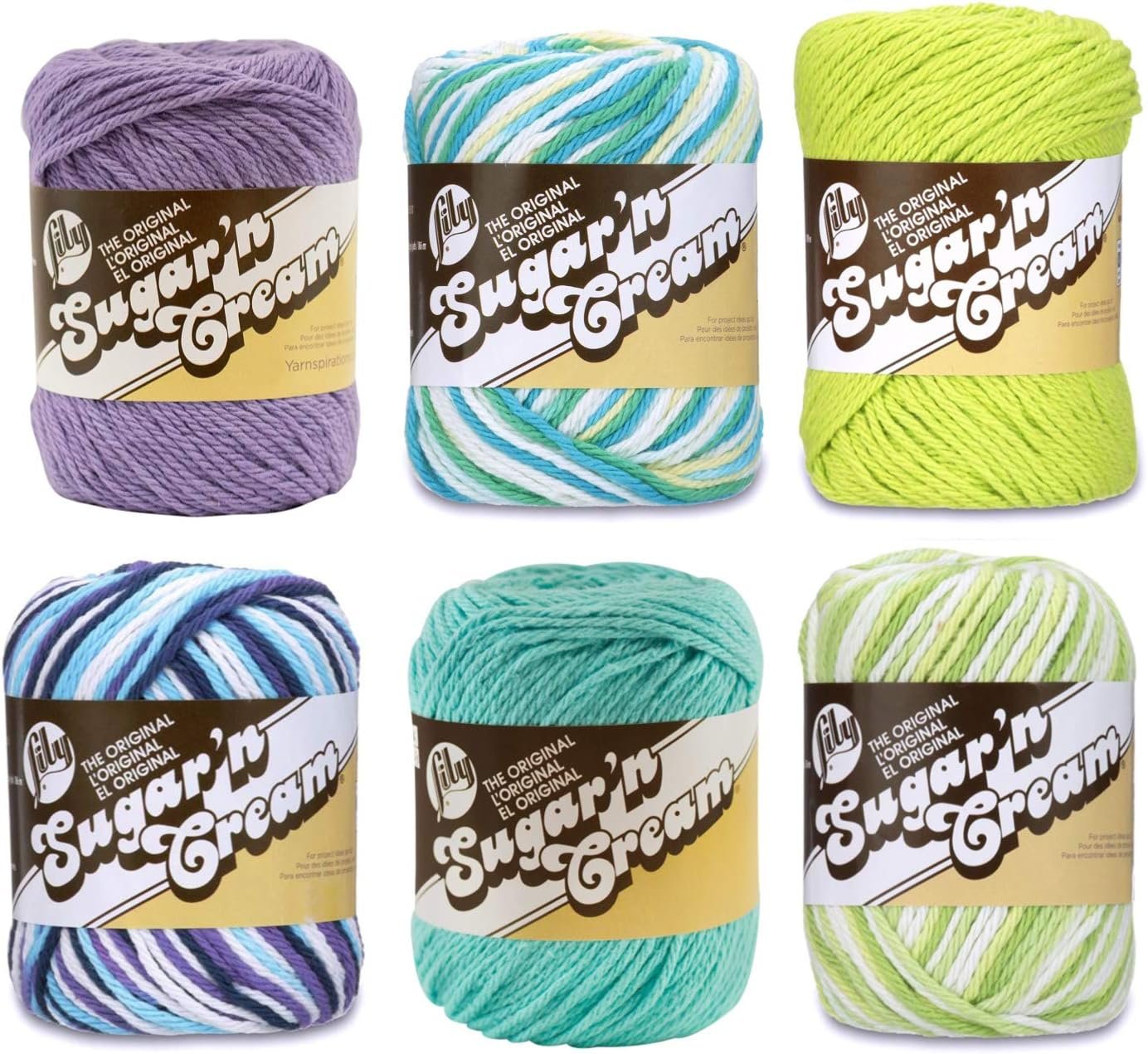 Lily Sugar'n Cream Cotton Yarn 6-Pack Hot Purple, Seabreeze, Hot Green, Moondance, Mod Ombre, and Key Lime Pie