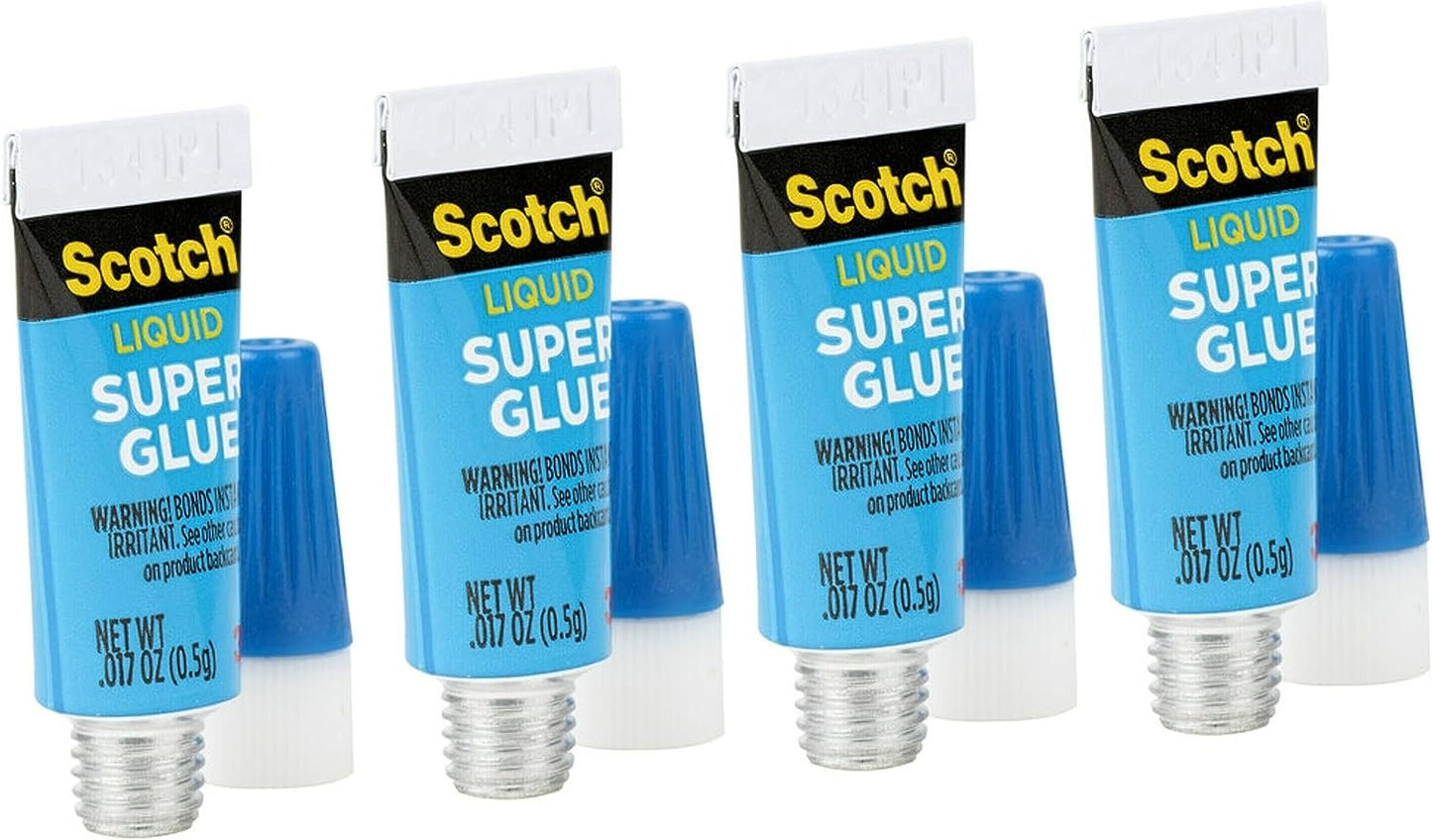 Scotch Super Glue Liquid, 4-Pack of Single-Use Tubes, .017 oz each, Fast Drying Liquid Formula (AD114)