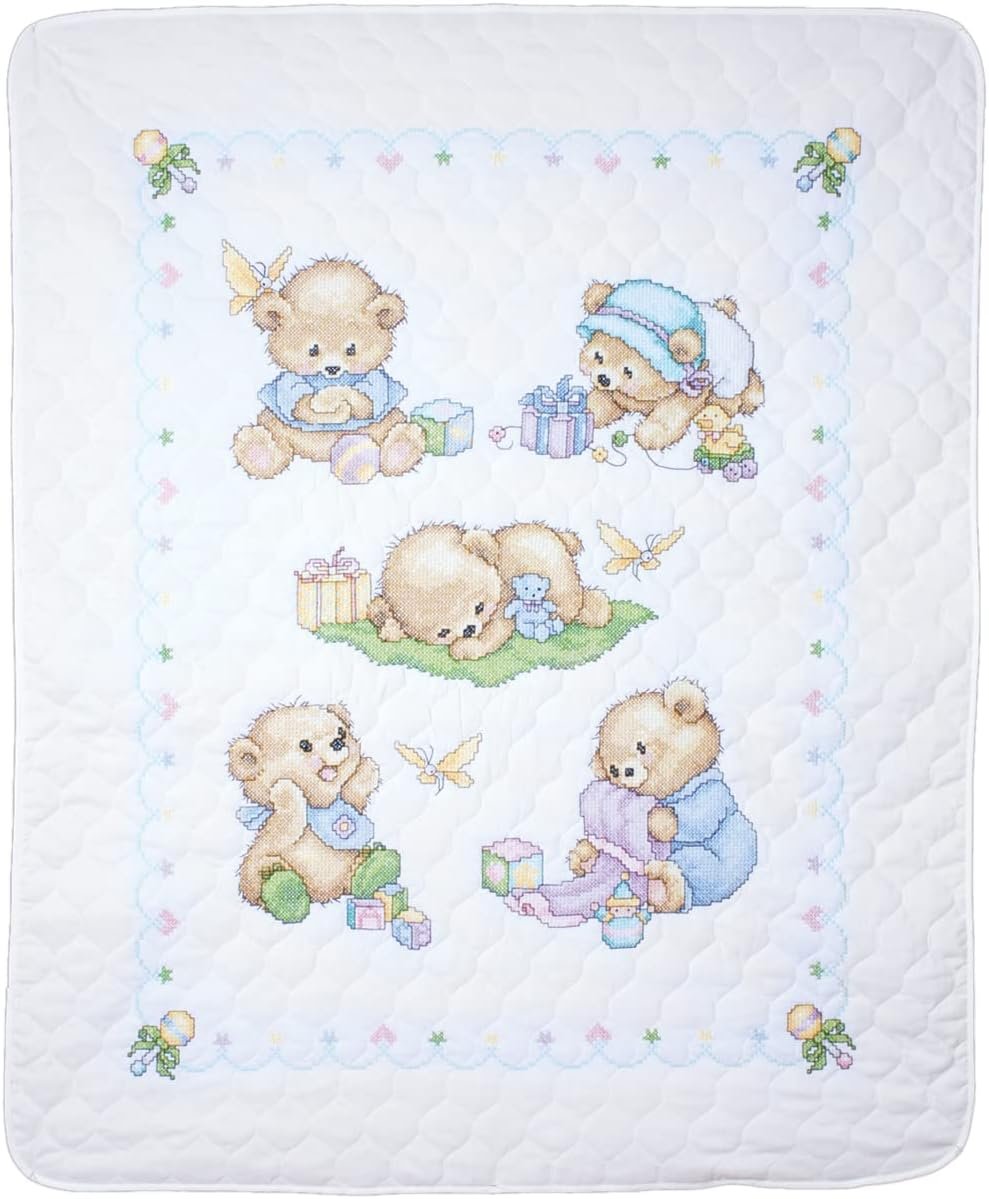 Tobin Bears Stamped for Cross Stitch Baby Quilt Kit, White/Multicolor , 43" x 34"