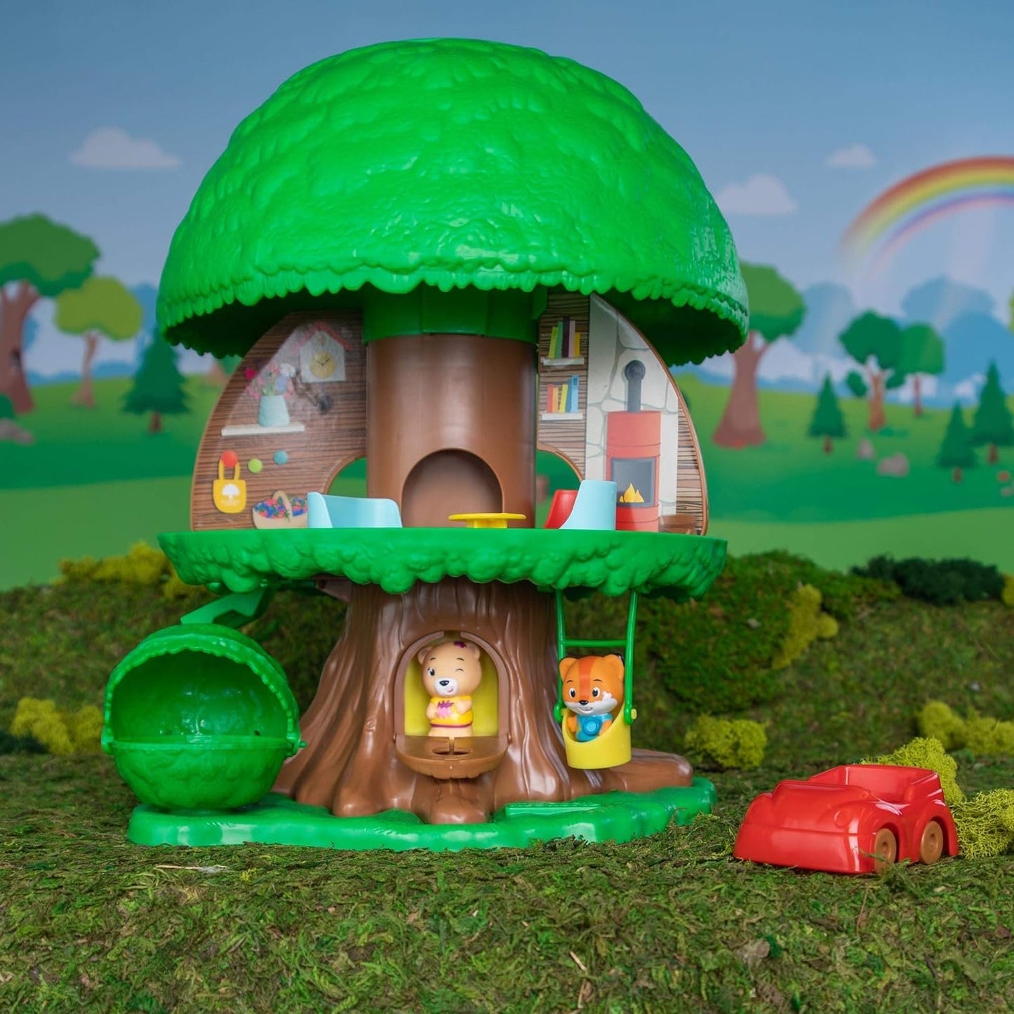 BANDAI V700200 Timber Tots by Klorofil-Magic Tree House with 2 Figures-Eliot from The Fox Ruby from The Bear Family-Early Learning pre-School playset & Activity Toy-Retro Toys-V700200