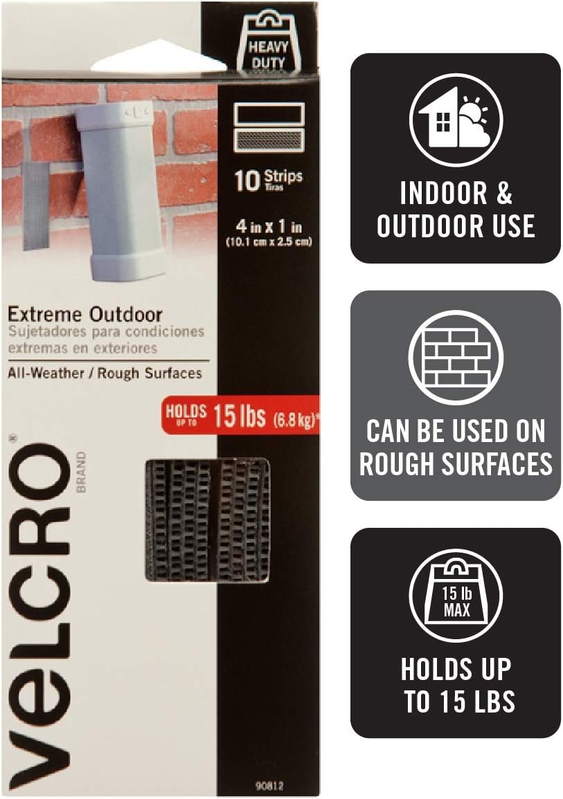 VELCRO Brand Industrial Fasteners Extreme Outdoor Weather Conditions Professional Grade Heavy Duty Strength Holds up to 15 lbs on Rough Surfaces, 4in x 1in (5pk), Strips, Gray