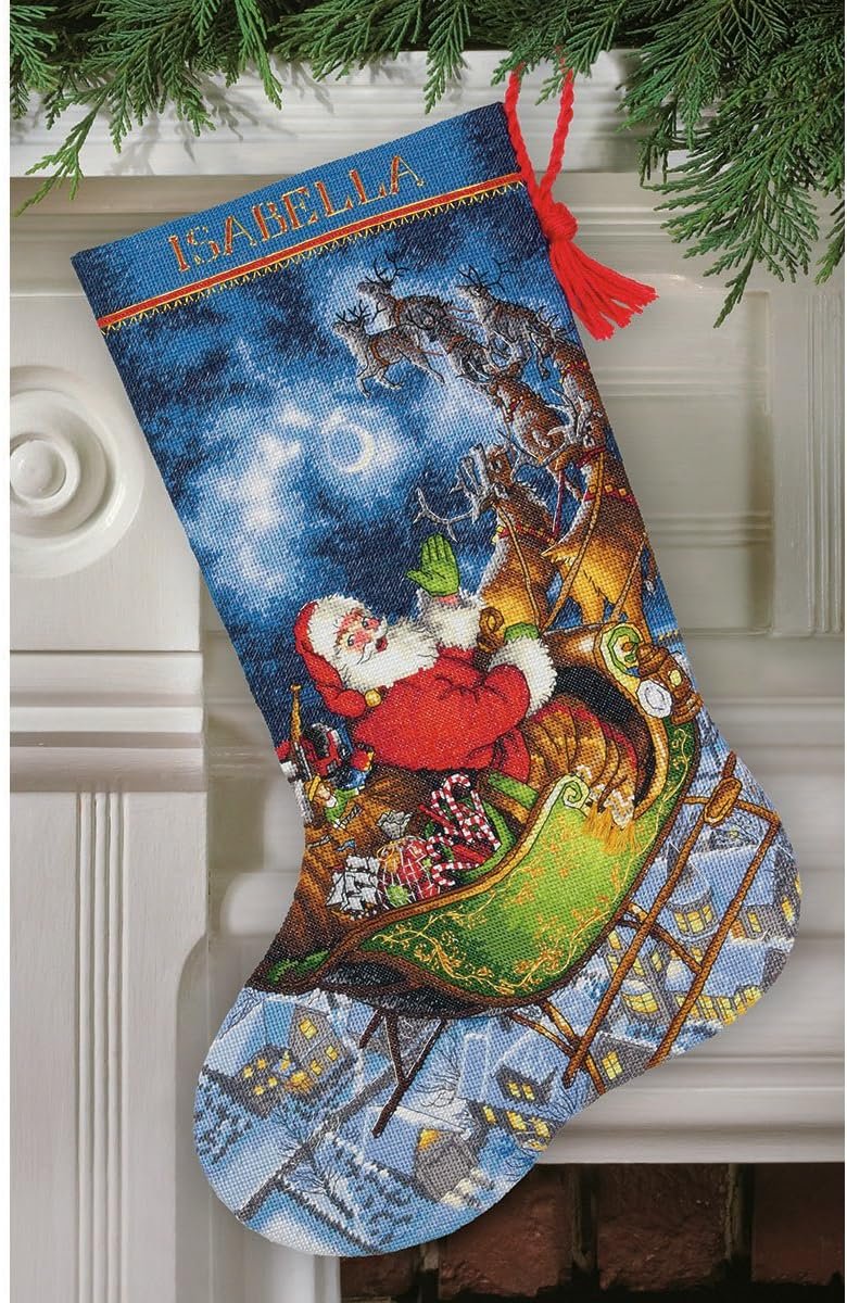 Dimensions Gold Collection Counted Cross Stitch 'Santa's Flight' Personalized Christmas Stocking Kit, 16 Count Grey Aida, 16''