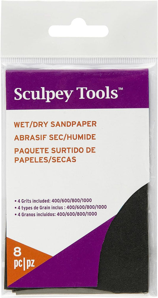 Sculpey Tools 8 piece Wet/Dry Sandpaper pack, 2 pieces each 400/600/800/1000 grit, great for polymer clay projects. Can be used wet or dry for the perfect shiny polish on your clay creations