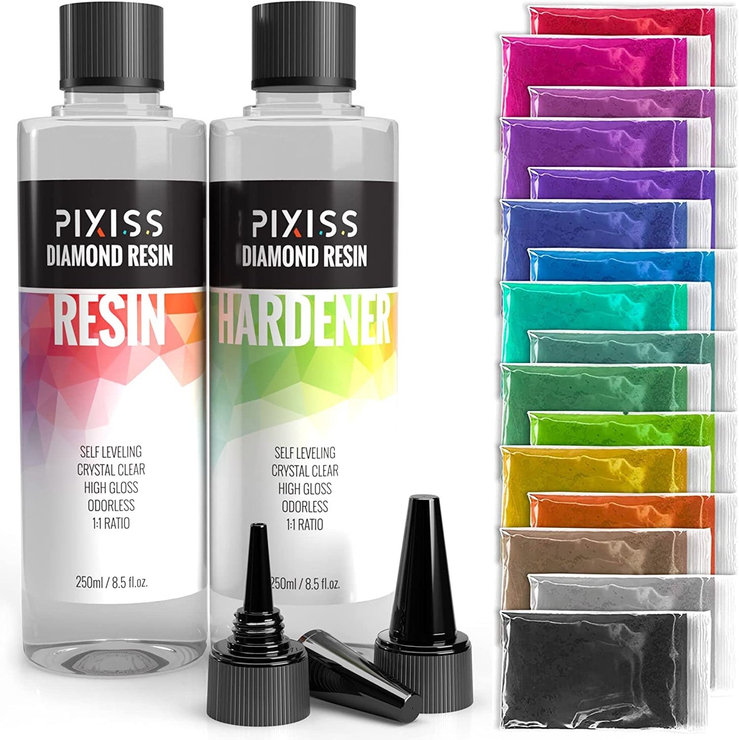Epoxy Resin Crystal Clear Casting Resin for Epoxy and Resin Art | Pixiss Brand Easy Mix 1:1 (17-Ounce) | 15 Mica Resin Tinting Powder Pigments for Tumblers, Jewelry Resin, Molds, Crafting Resin Kit