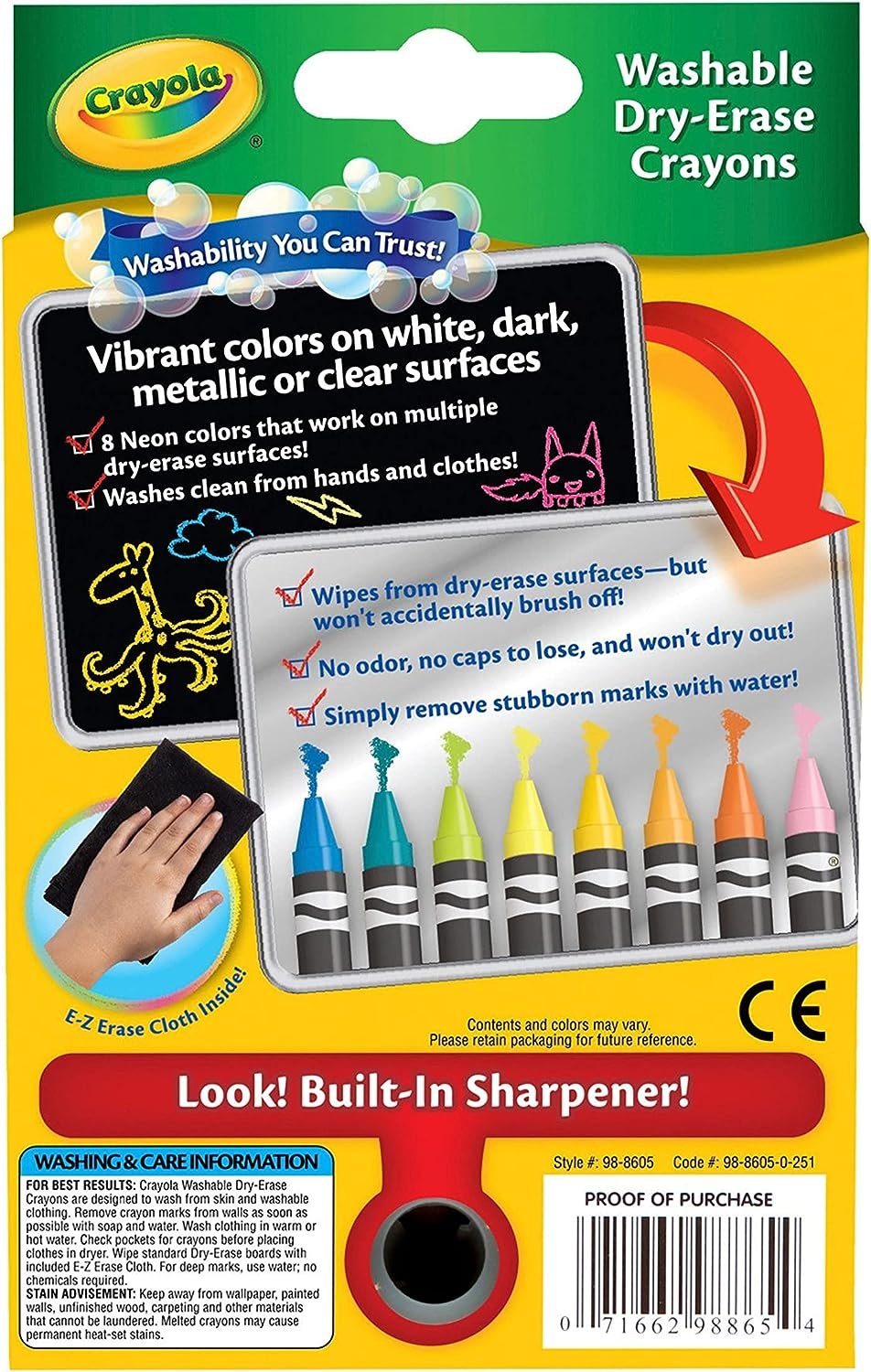 Crayola; Dry-Erase Neon Crayons; Art Tools; 8 Count; Washable; Perfect for Classroom Art Activities; Includes Sharpener and Erase Cloth