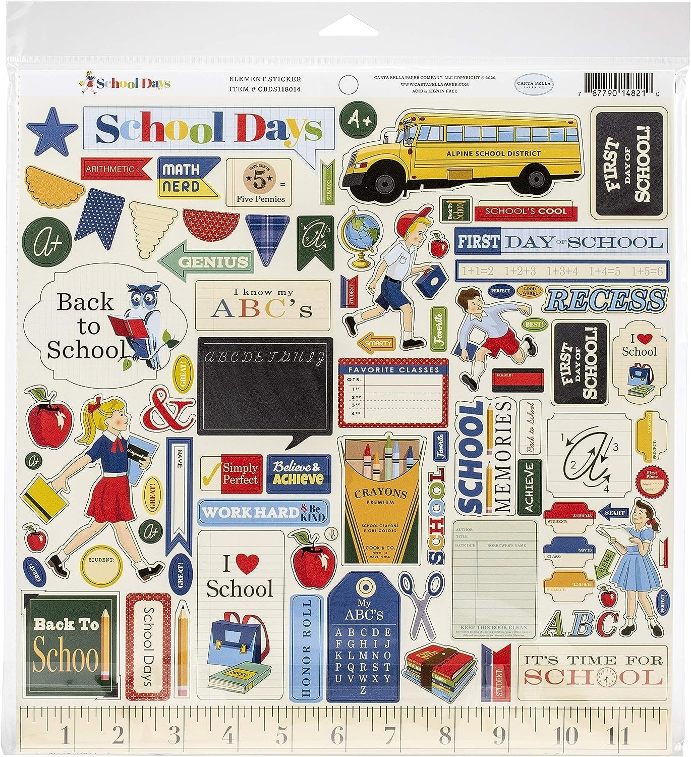 Carta Bella Paper Company School Days Collection Kit paper, navy, red, yellow, green, 12-x-12-Inch