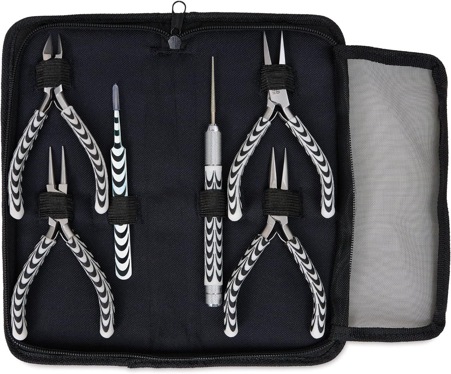 The Beadsmith Zebra Print Pliers – 6 Inch Tools, 6 Piece Kit: Chain Nose, Round Nose, Bent Chain Nose, Side Cutter, Tweezers & Reamer with Zippered Pouch – Tools Set for Jewelry Making