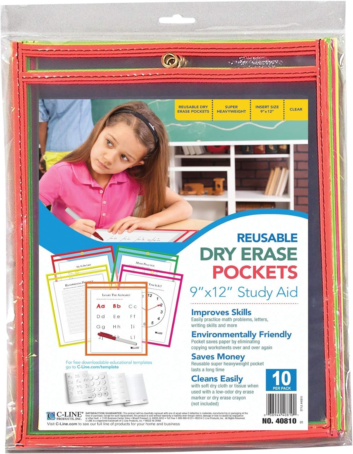 C-Line Reusable Dry Erase Pockets, 9 x 12 Inches, Assorted Neon Colors, 10 Pockets per Pack (40810)