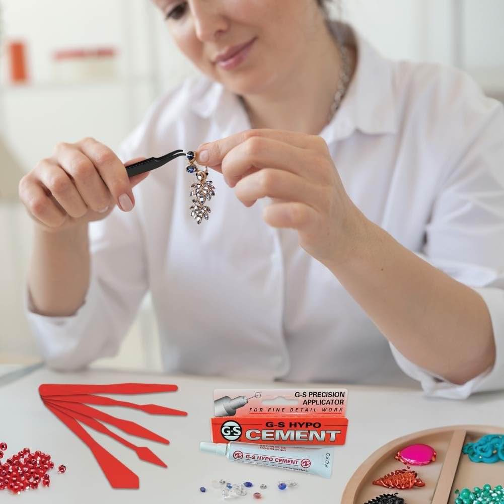 GS Hypo Cement Glue for Jewelry Making (9 ml) - 5 Palette Knives for Adhesive Spreaders and Fine Point Precision Tweezers - Adhesive Bundle for Beads, Bracelets, Watch Repair