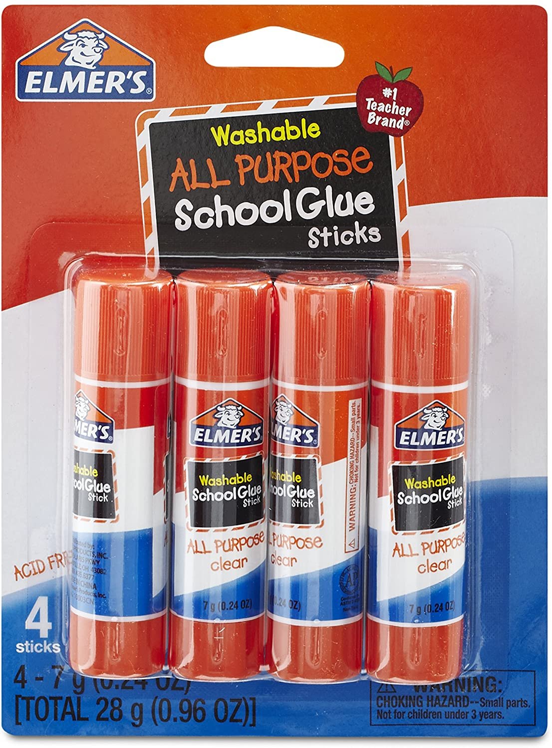 Elmer's All Purpose School Glue Sticks, Clear, Washable, 4 Pack, 0.24-ounce sticks