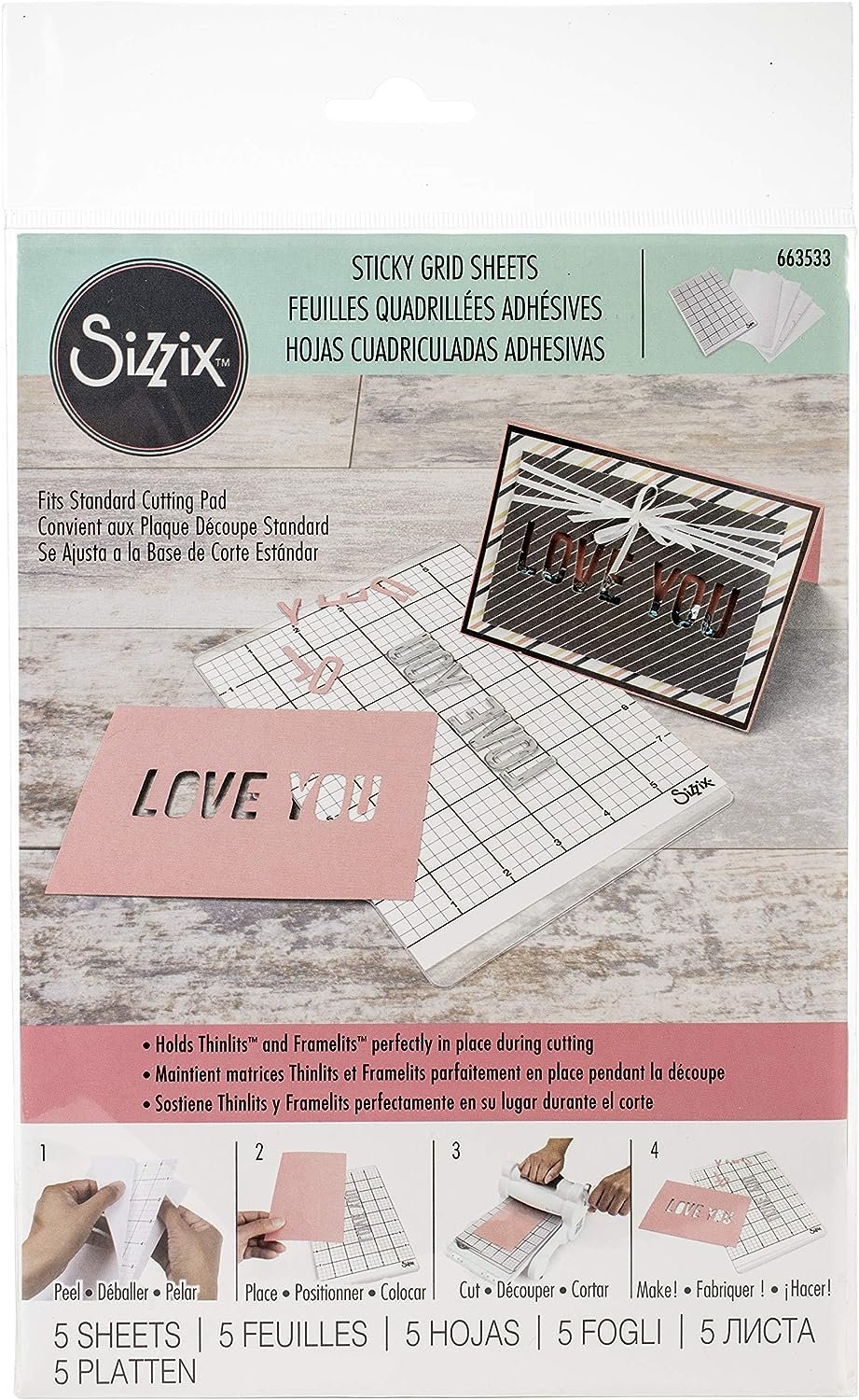 Sizzix Accessory Sticky Grid Sheets 6" x 8 1/2" 5 Pack, Multicolor 5