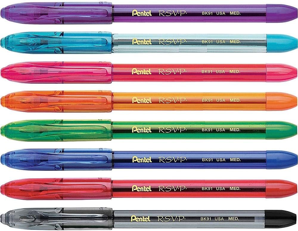 Pentel R.S.V.P. Colors Ballpoint Pen, Medium, Assorted Ink, Pack of 5 (BK91CRBP5M)