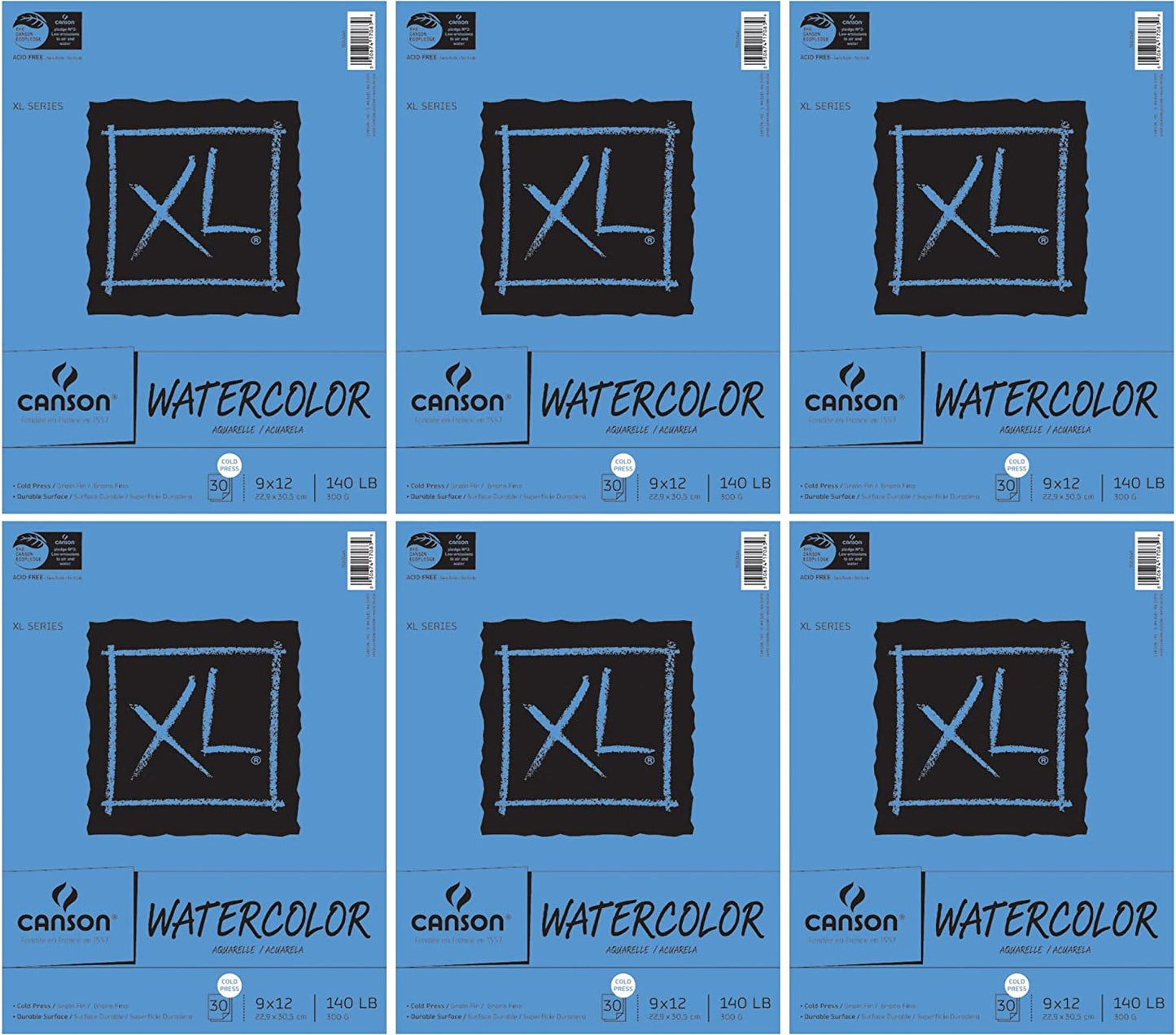 6-Pack Bundle - Canson XL Series Watercolor Textured Paper Pad for Paint, Pencil, Ink, Charcoal, Pastel, and Acrylic, Fold Over, 140 Pound, 9 x 12 Inch, 30 Sheets