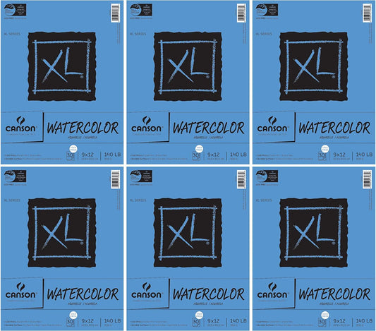 6-Pack Bundle - Canson XL Series Watercolor Textured Paper Pad for Paint, Pencil, Ink, Charcoal, Pastel, and Acrylic, Fold Over, 140 Pound, 9 x 12 Inch, 30 Sheets