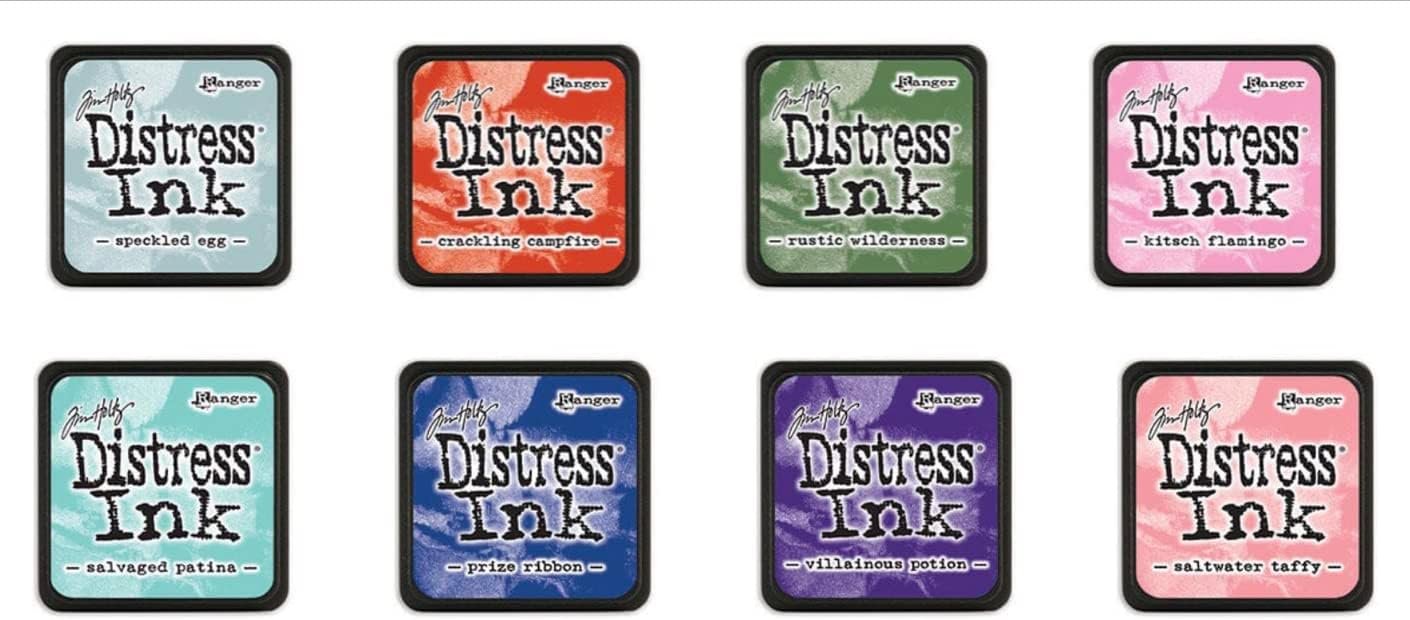 Mini Distress Ink Pads- Bundle of 8 Tim Holtz Saltwater Taffy, Speckled Egg, Crackling Campfire, Rustic Wilderness, Kitsch Flamingo, Salvaged Patina, Prize Ribbon, Villainous Potion Tim Holtz Ranger