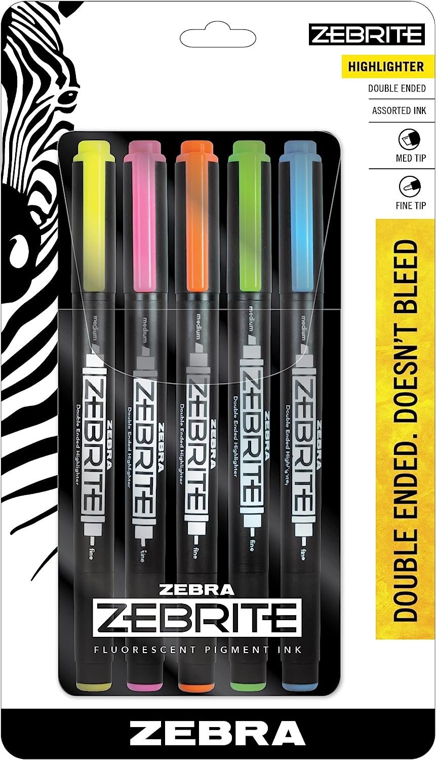 Zebra Pen Zebrite Double-Ended Highlighter, Medium Chisel Point and Fine Point, Assorted Colors, 5-Count