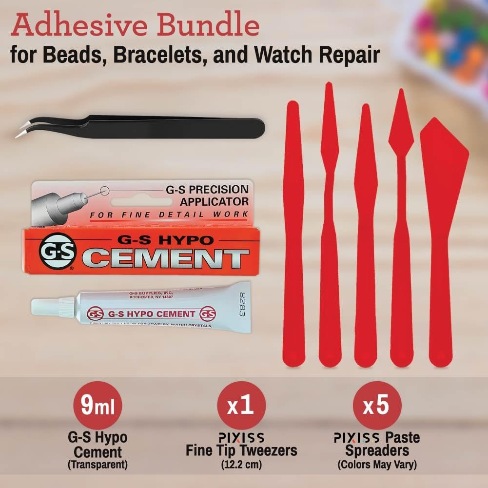 GS Hypo Cement Glue for Jewelry Making (9 ml) - 5 Palette Knives for Adhesive Spreaders and Fine Point Precision Tweezers - Adhesive Bundle for Beads, Bracelets, Watch Repair