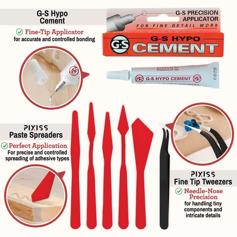 GS Hypo Cement Glue for Jewelry Making (9 ml) - 5 Palette Knives for Adhesive Spreaders and Fine Point Precision Tweezers - Adhesive Bundle for Beads, Bracelets, Watch Repair