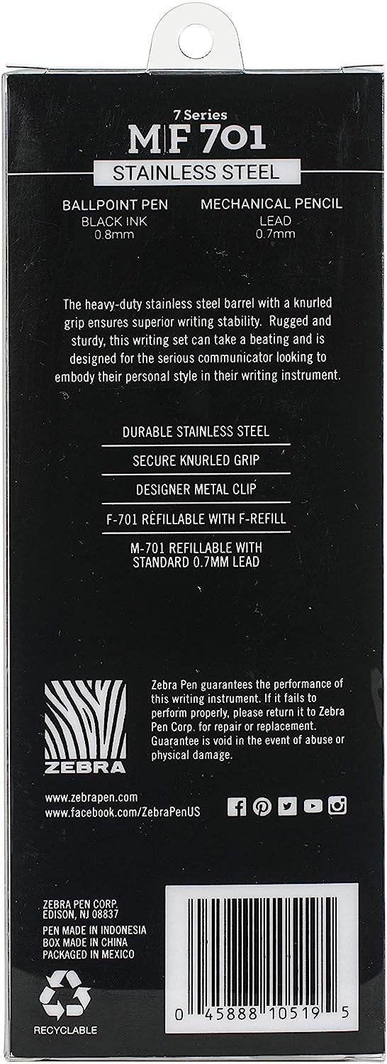 Zebra Pen F-701 Retractable Ballpoint Pen, Stainless Steel Barrel, Fine Point, 0.8mm, Black Ink, 1-Pack