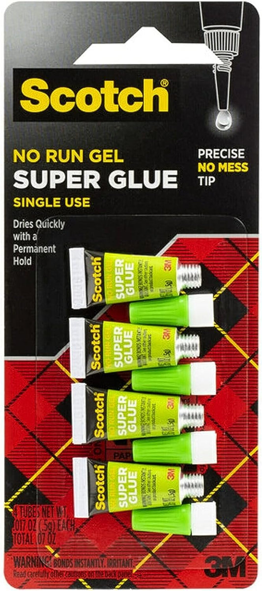 Scotch Super Glue Gel, 4-Pack of Single-Use Tubes, .017 oz each, Fast Drying, No Run Gel Formula (AD119)