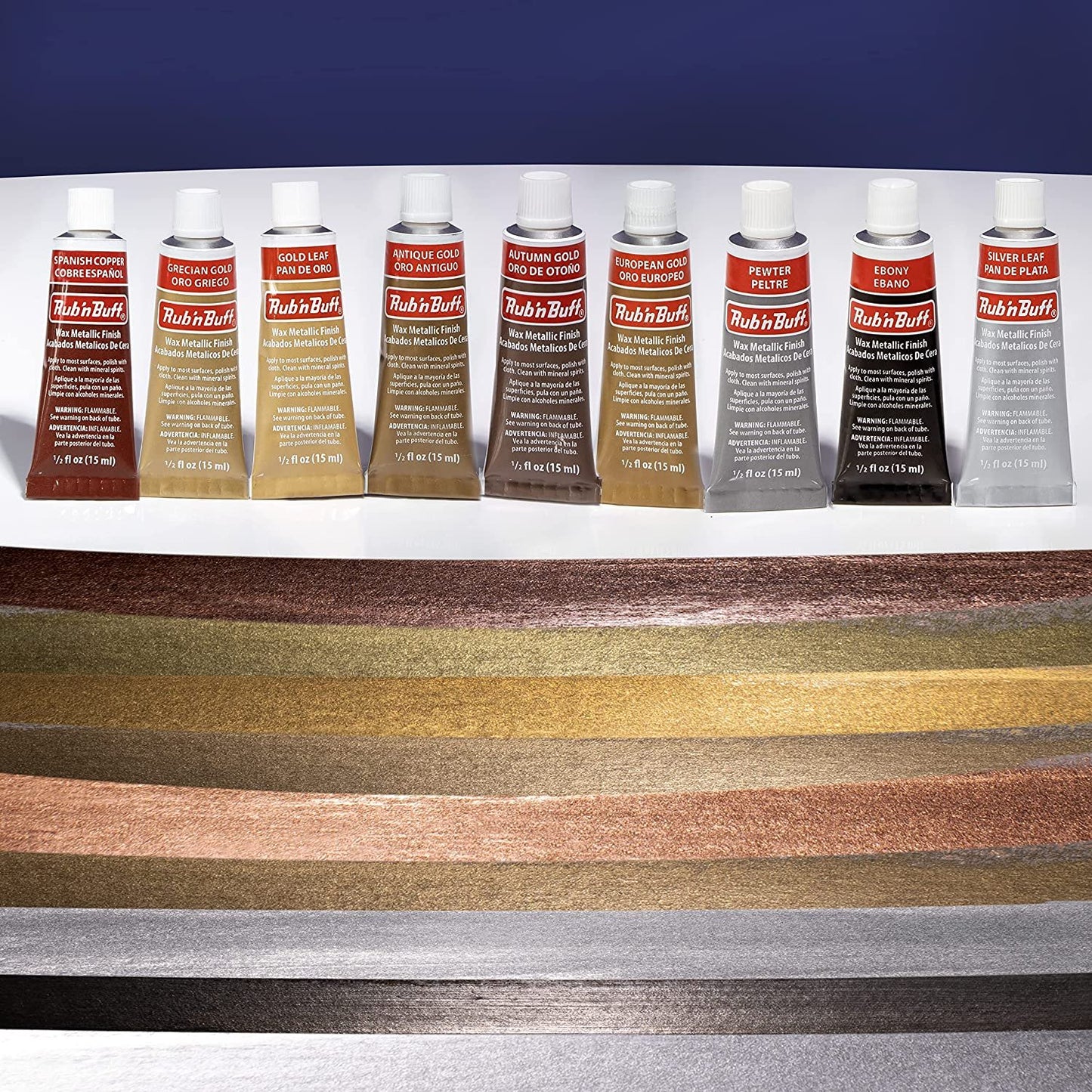AMACO Rub n Buff Wax Metallic Finish 9 Color Kit - Antique Gold European Gold Grecian Gold Autumn Gold Gold Leaf Spanish Copper Silver Leaf Ebony Pewter - 9 Rub and Buff Gilding Wax 15ml Tubes
