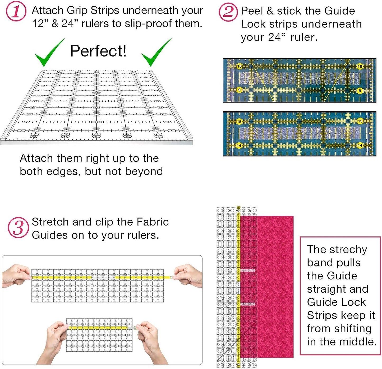 Guidelines4quilting - Quilt Ruler Upgrade Kit - Mistake Proof & Slip Proof Your 12" & 24” Quilt Rulers (or 12½" & 24½") - Cut Faster and More Accurately - for Both Right & Left-Handers